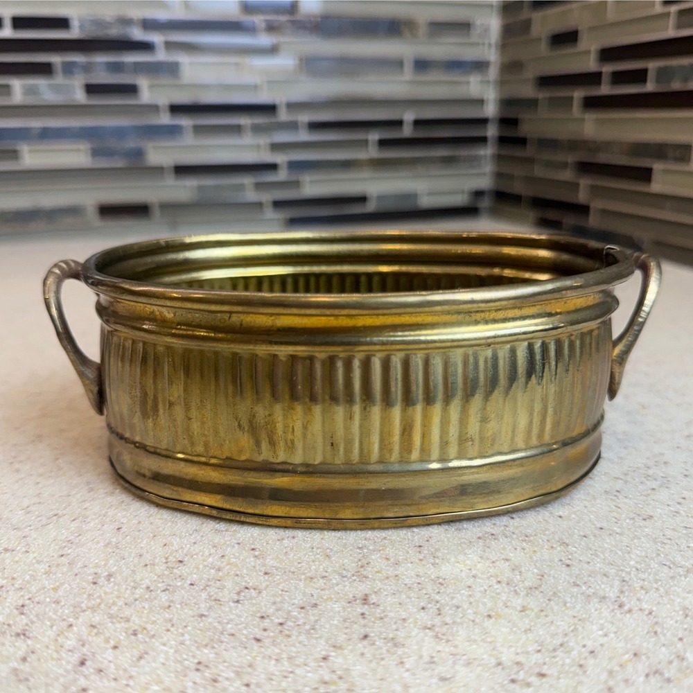 Vintage Solid Brass Oval Ribbed Planter Cache Pot w/ Handles Hand Crafted India